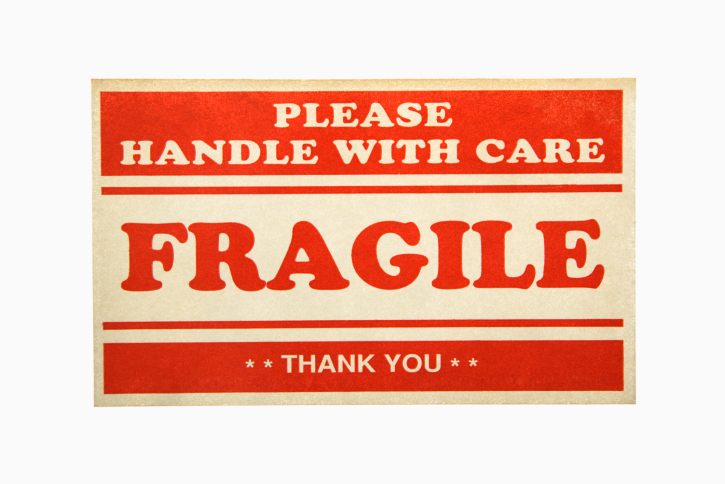 Fragile handle with care sign against white background.